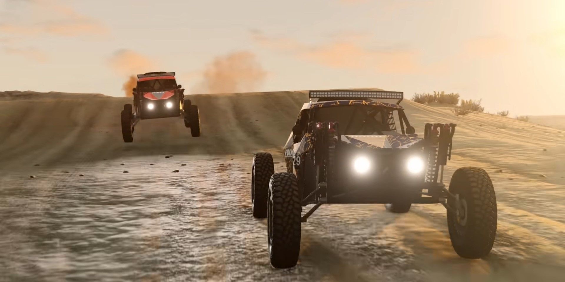 Two buggies racing in Johnson Valley in BeamNG Drive