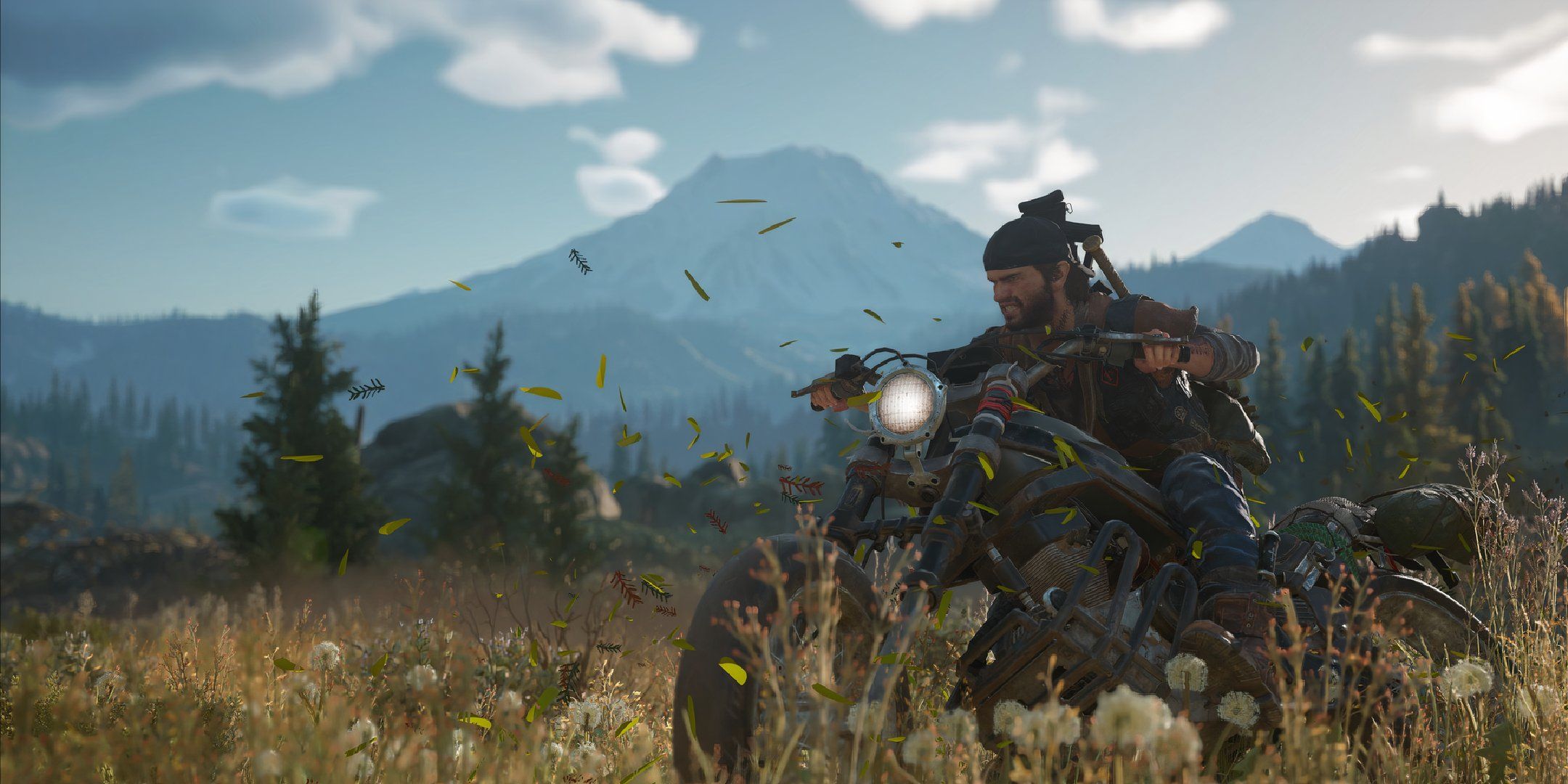 Man riding a motorbike in the woods in Days Gone.