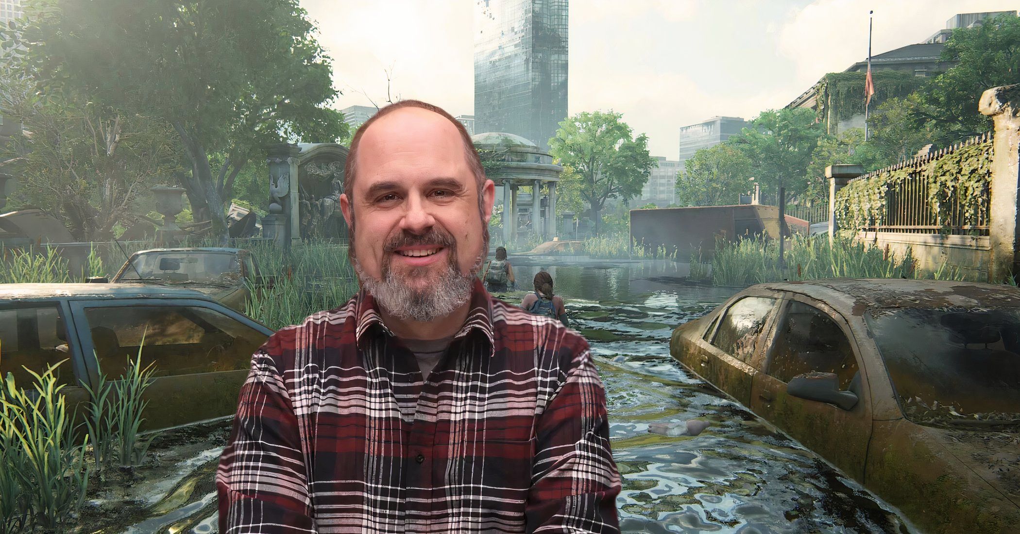 Craig Mazin with The Last of Us game in background - custom image by Rachael Fiddis