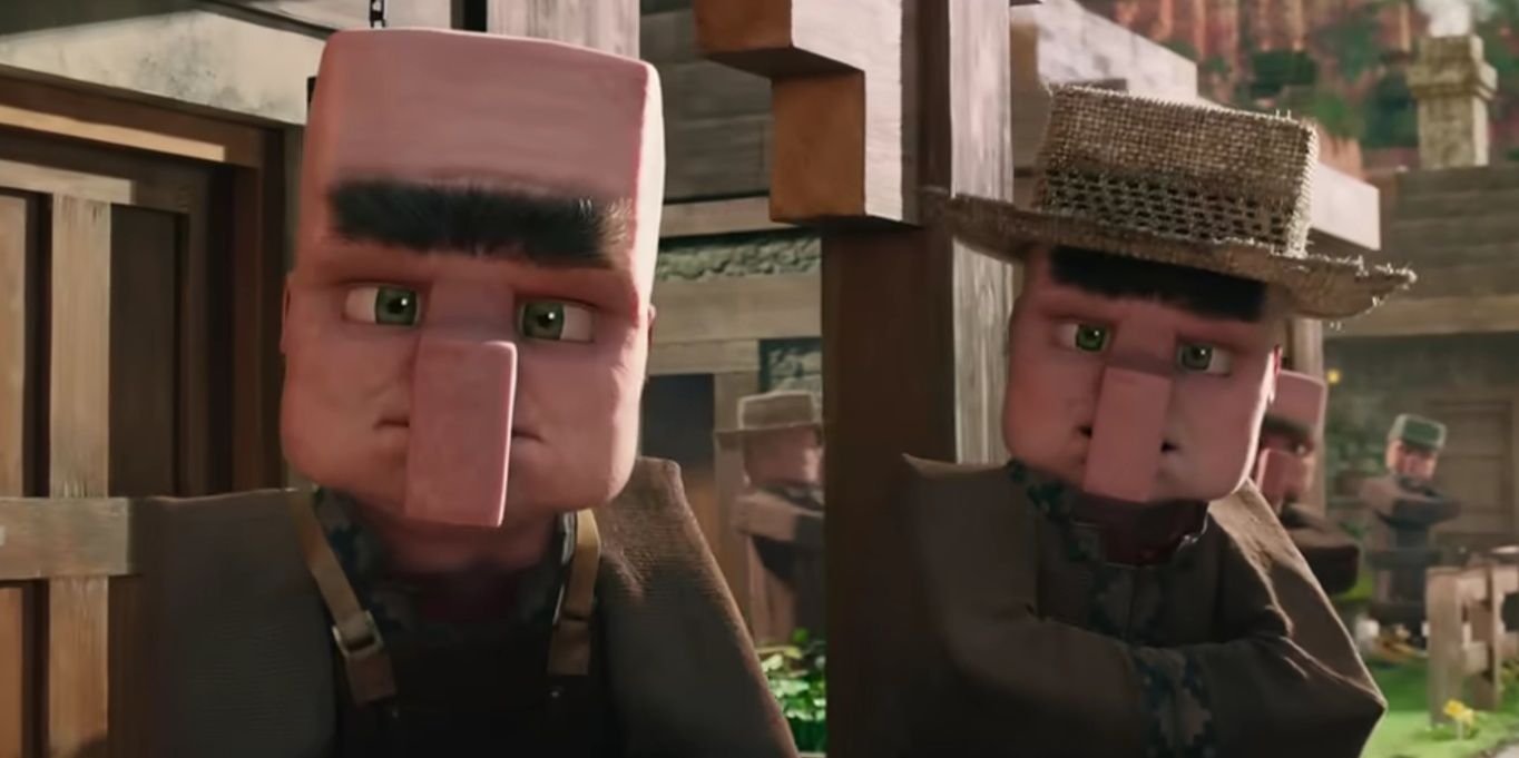 A Minecraft Movie: A number of villagers in their town watching things go by.
