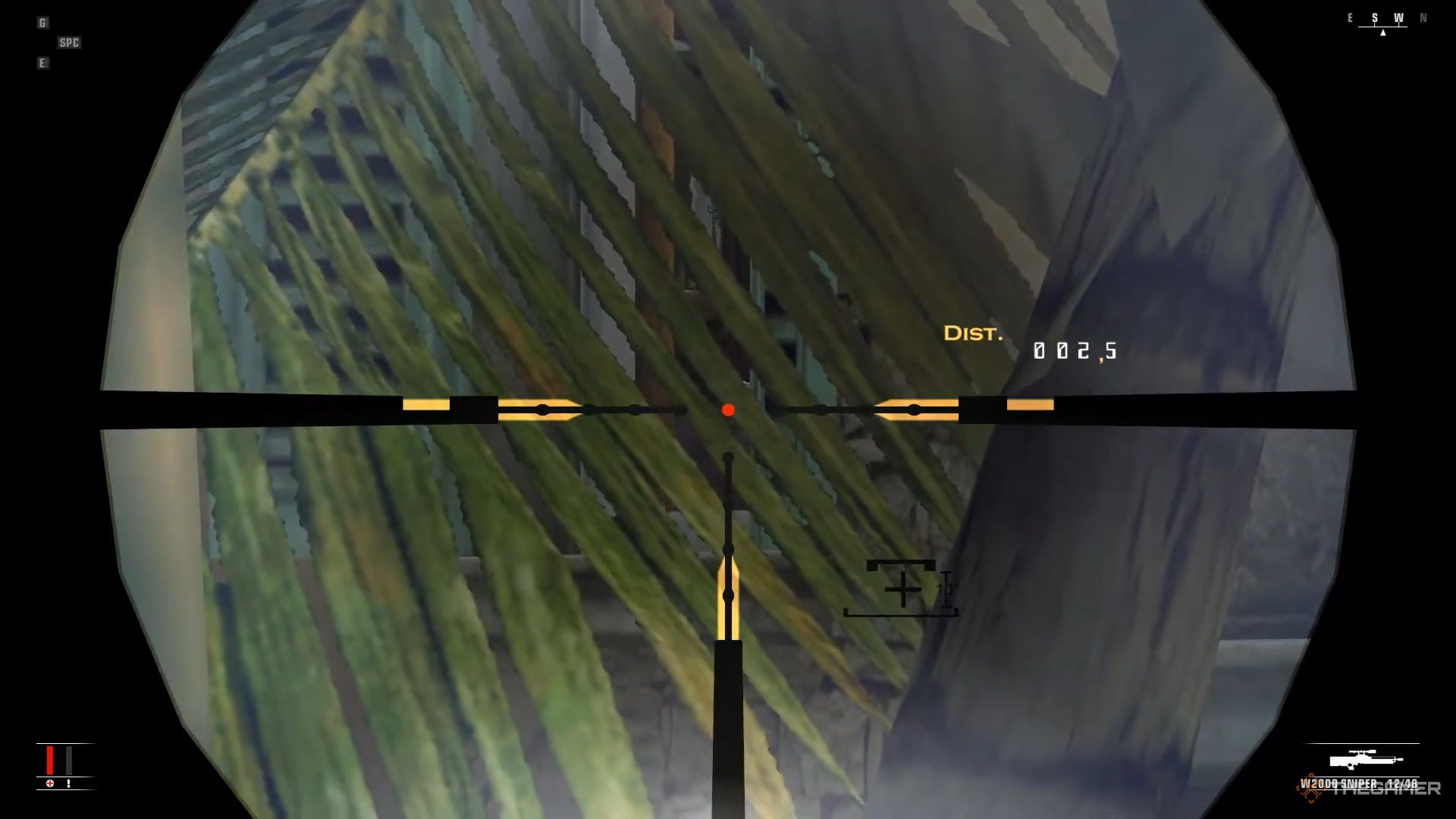 A view through the scope of the sniper rifle in Hitman: Blood Money.