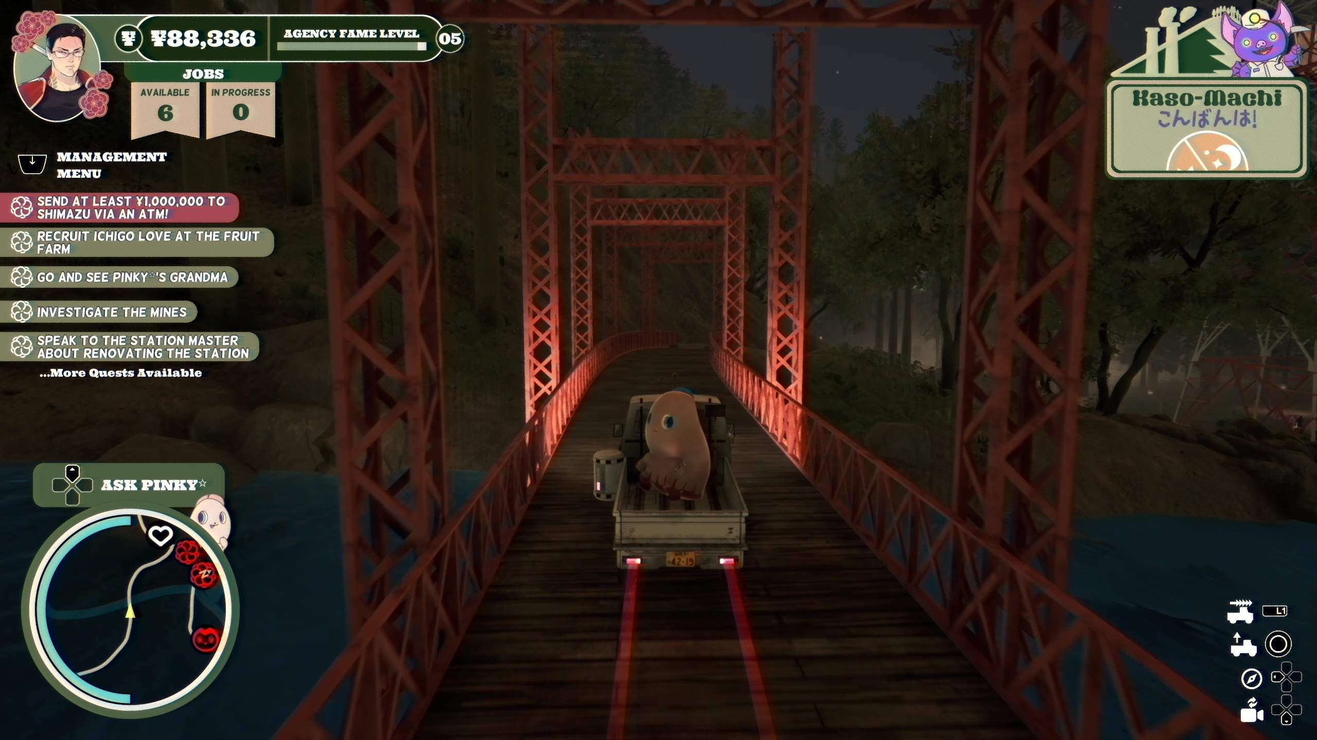 Nighttime in Kaso-Machi, with Michi driving across a bridge on a mountain trail in Promise Mascot Agency