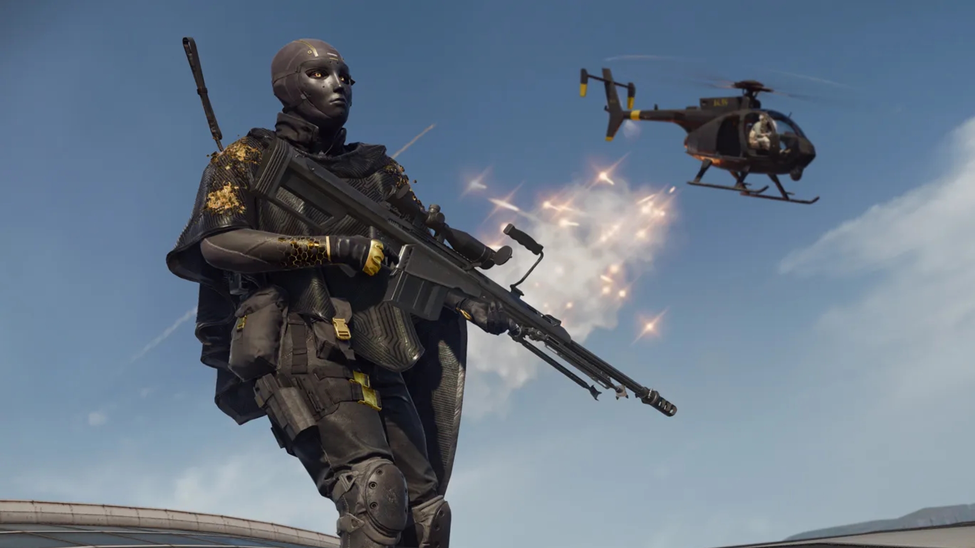 Warzone Roze skin: A Call of Duty operator wearing a black combat suit with gold accents, holding a light machine gun. A helicopter fires flares behind her