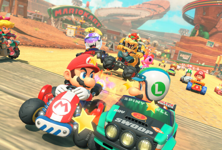 Mario Kart World screenshot showing Mario and Luigi battling for top position in a vast open world race