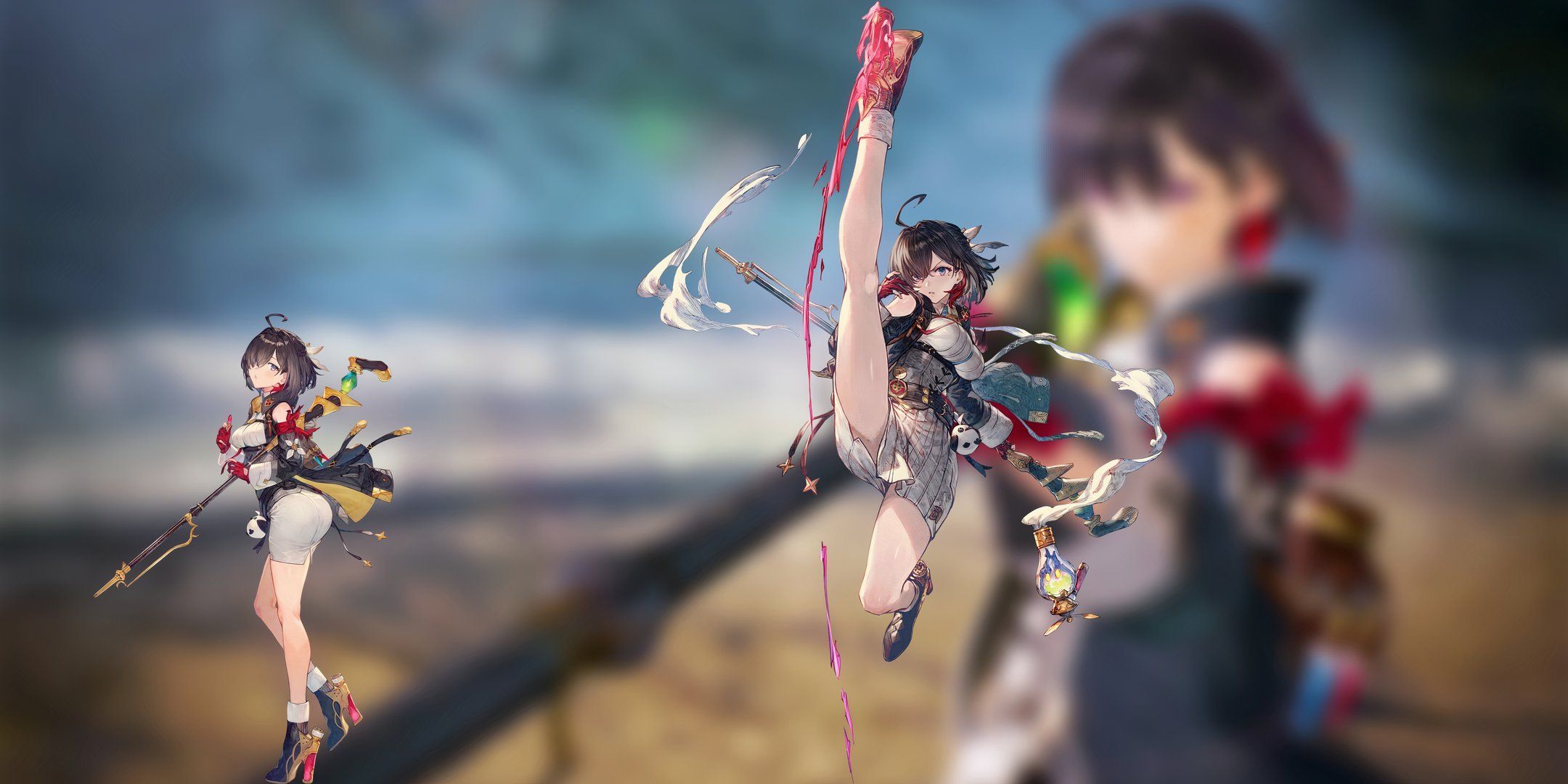 Yumia on the left stands with her back facing the camera while she holds her gun-staff, on the right she gives a forward facing high power kick like in Atelier Yumia: The Alchemist of Memories & the Envisioned Land.
