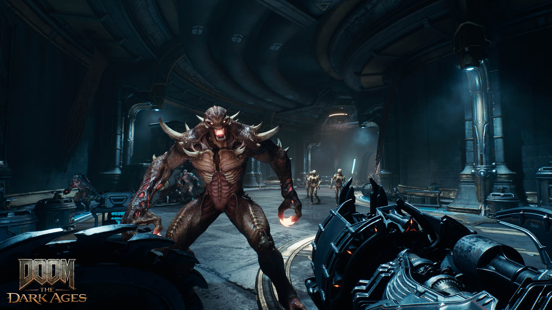 The Doom Slayer aims at an imp stalker enemy in Doom: The Dark Ages