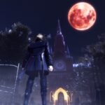 Screenshot from Penny Blood, showing a third-person view of a black-dressed protagonist staring up at a red moon, darkened sky, and ominous chapel in the night. There's also a mini-map in the top-right corner.