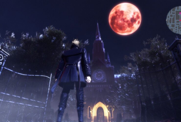 Screenshot from Penny Blood, showing a third-person view of a black-dressed protagonist staring up at a red moon, darkened sky, and ominous chapel in the night. There's also a mini-map in the top-right corner.