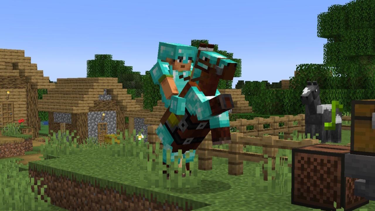 A player rides a horse in diamond armor