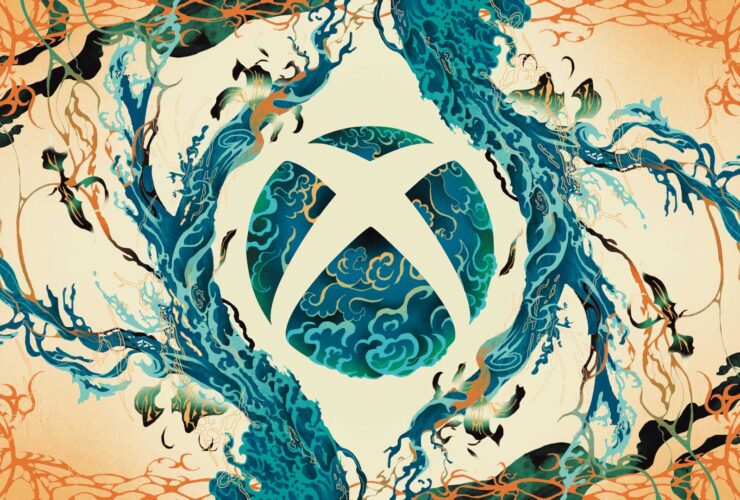 Stylized Xbox logo in celebration of Asian and Pacific Islander Heritage Month featuring a sphere with blue water and a background with blue and orange abstract structures with a root-like appearance.