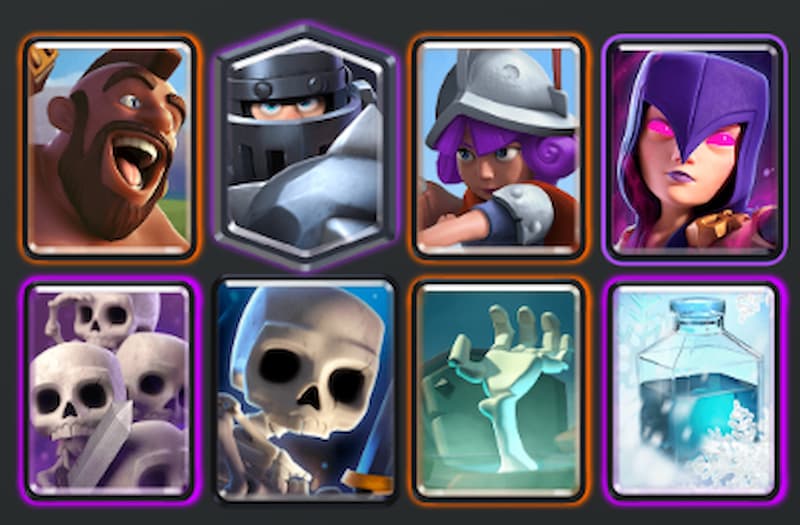 Witch, Hog Rider, Mega Knight, Musketeer, Skeleton Army, Skeletons, Tombstone, Freeze