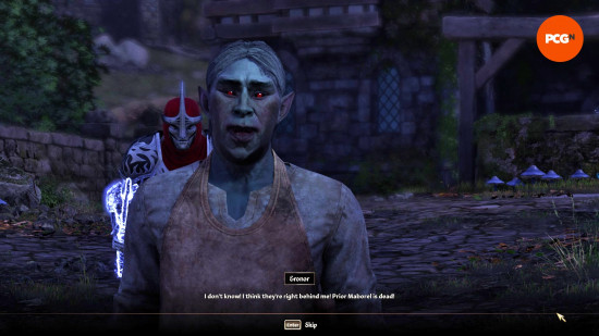 Oblivion review: Erenor the Dark Elf tells the Hero of Kvatch that he thinks the Mythic Dawn are right behind him... as a Mythic Dawn assassin stands right behind him.