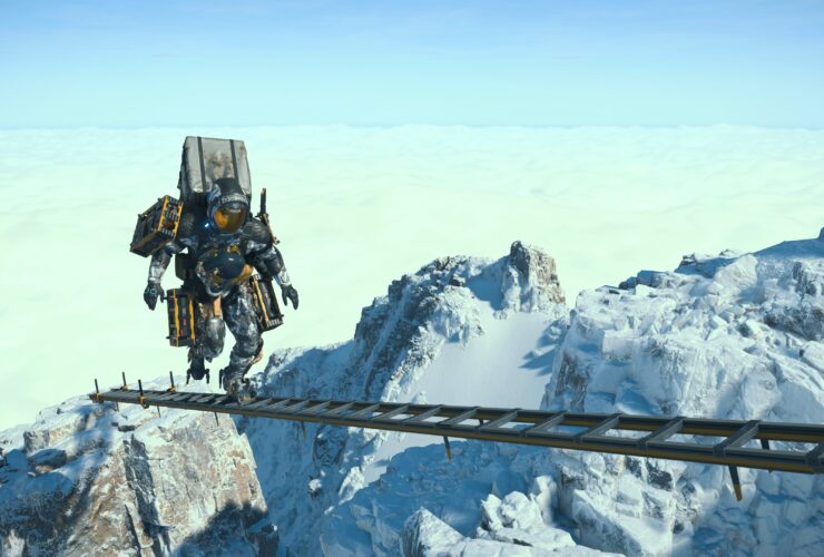 Sam balances across a ladder high up in the mountains in Death Stranding 2