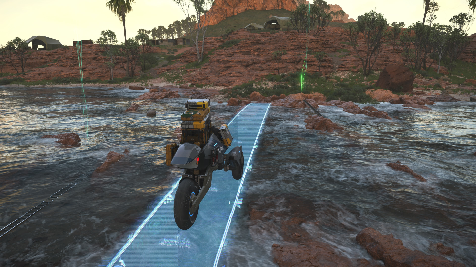 Sam cross a chiral bridge in Death Stranding 2: On the Beach