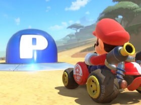 Mario Kart World screenshot featuring Mario and a P Switch