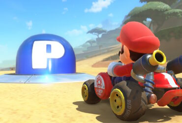 Mario Kart World screenshot featuring Mario and a P Switch