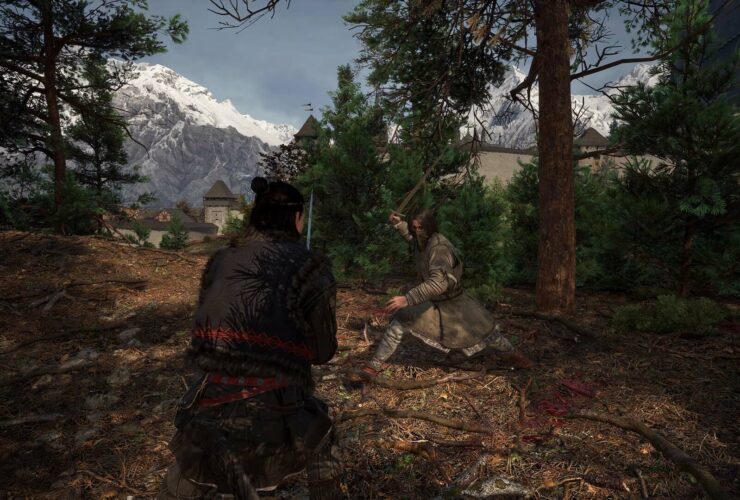 Blood of Dawnwalker characters sword-fighting in a forest