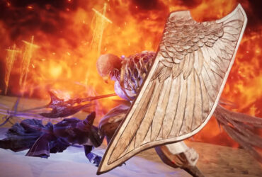 the bird-headed guardian blocking behind a greatshield as fire swirls all around