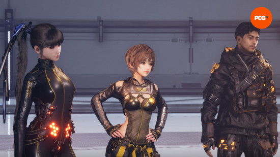 Stellar Blade PC review: Two women and a man, all wearing black clothes, Eve, Lily, and Adam from Stellar Blade.