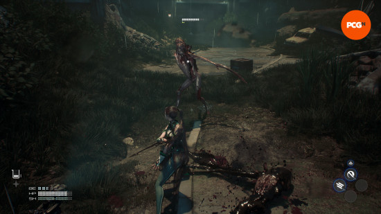Stellar Blade PC review: A woman with black hair, seen from behind, stands in front of a monster while holding a sword, Eve from Stellar Blade.