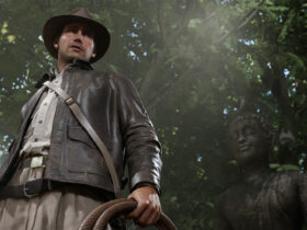 Indiana Jones and the Great Circle screenshot showing Indiana Jones standing beneath a forest canopy holding his whip