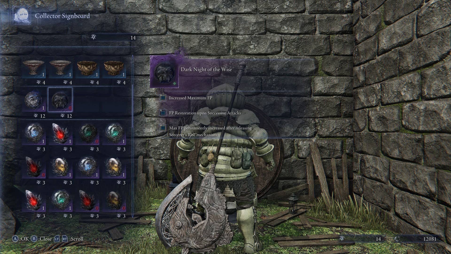 The player looks at the Dark Night of the Wise Relic in the Collector Signboard area in Elden Ring Nightreign