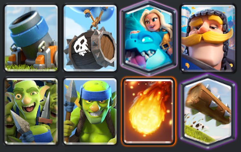 Skeleton Barrel, Spirit Empress, Mortar, Goblin Gang, Knight, Fireball, Log, Spear Goblins