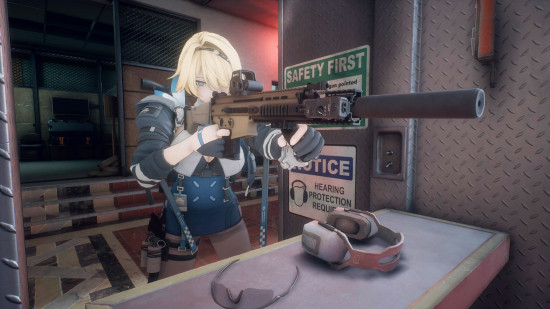 Ready or Not mods: a blonde anime girl aiming down the sights of a rifle in the Girls' Frontline 2 Exilium skin pack mod