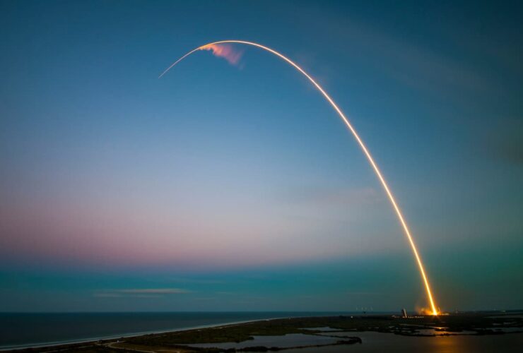 SpaceX launch across a skyline
