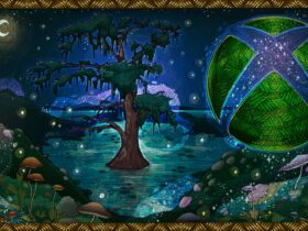A stylized Xbox logo in support of International Day of the World’s Indigenous Peoples featuring the Xbox sphere with a green basket weave texture on a background with a night sky, a cypress tree, mushrooms, twinkling lights, and basket weave border.