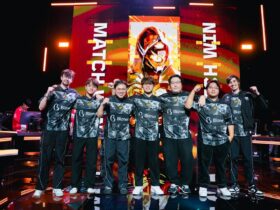 RRQ on stage after beating T1, punching their ticket to Tokyo.