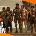 The Outer Worlds 2 screenshot showing the group of companions we'll be adventuring with, surrounded the by the GamesRadar+ Big Preview banner, with an interview logo