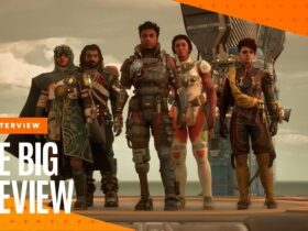 The Outer Worlds 2 screenshot showing the group of companions we'll be adventuring with, surrounded the by the GamesRadar+ Big Preview banner, with an interview logo