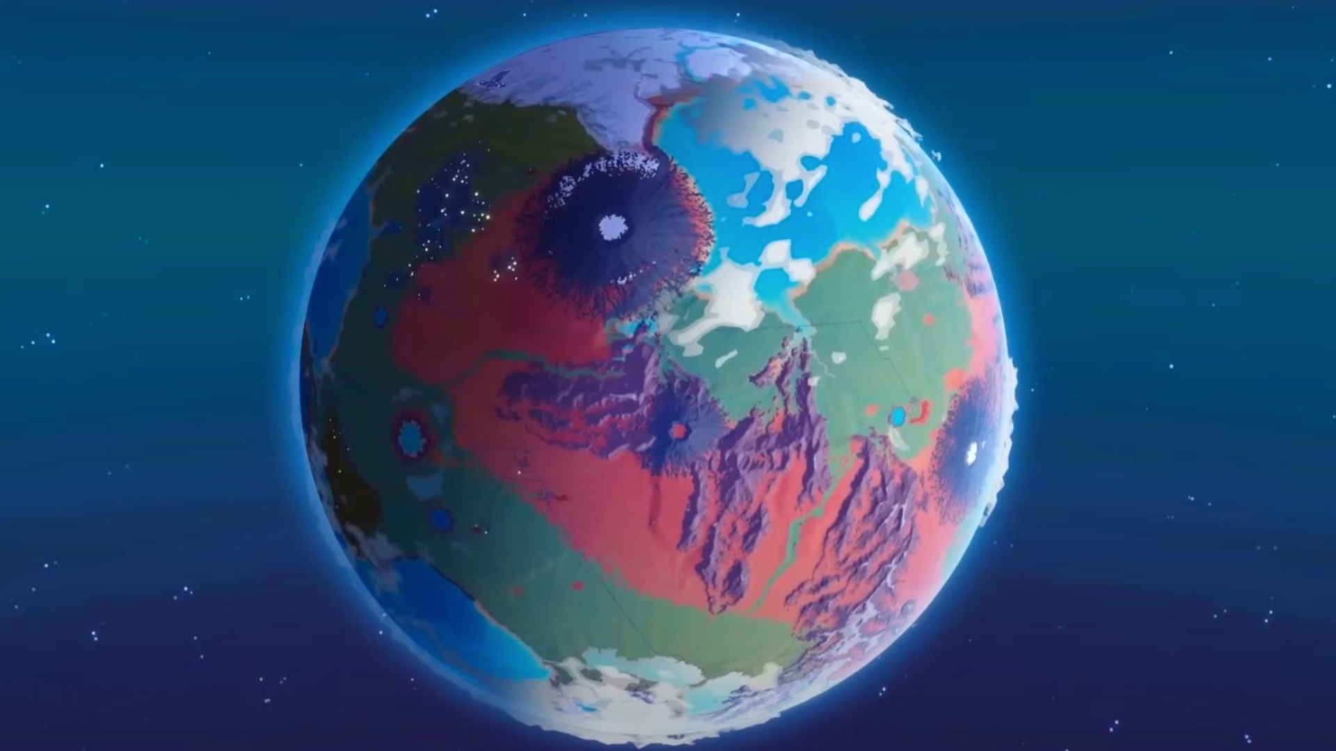 Plan B Terraform: A planet with bands of green, red and blue streaking across it