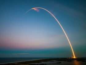 A space shuttle taking off.