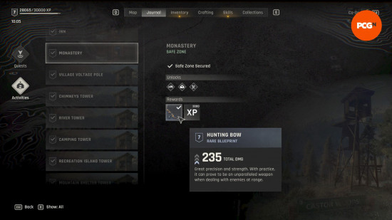 Dying Light The Beast map: a screen showing various rewards for securing locations in a videogame.