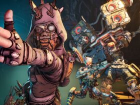 Borderlands 4 image showing a ripper pointing their fingers like a gun while robots stand behind them