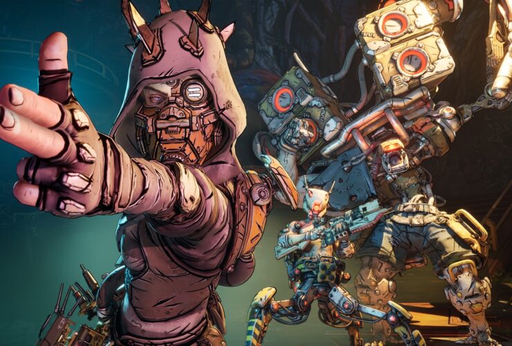 Borderlands 4 image showing a ripper pointing their fingers like a gun while robots stand behind them