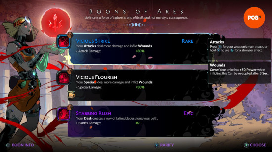 Hades 2 Boons: a screen on a videogame showing three optiosn for new abilities for the player.