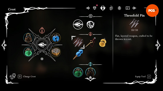 The Silksong tool screen and menu.