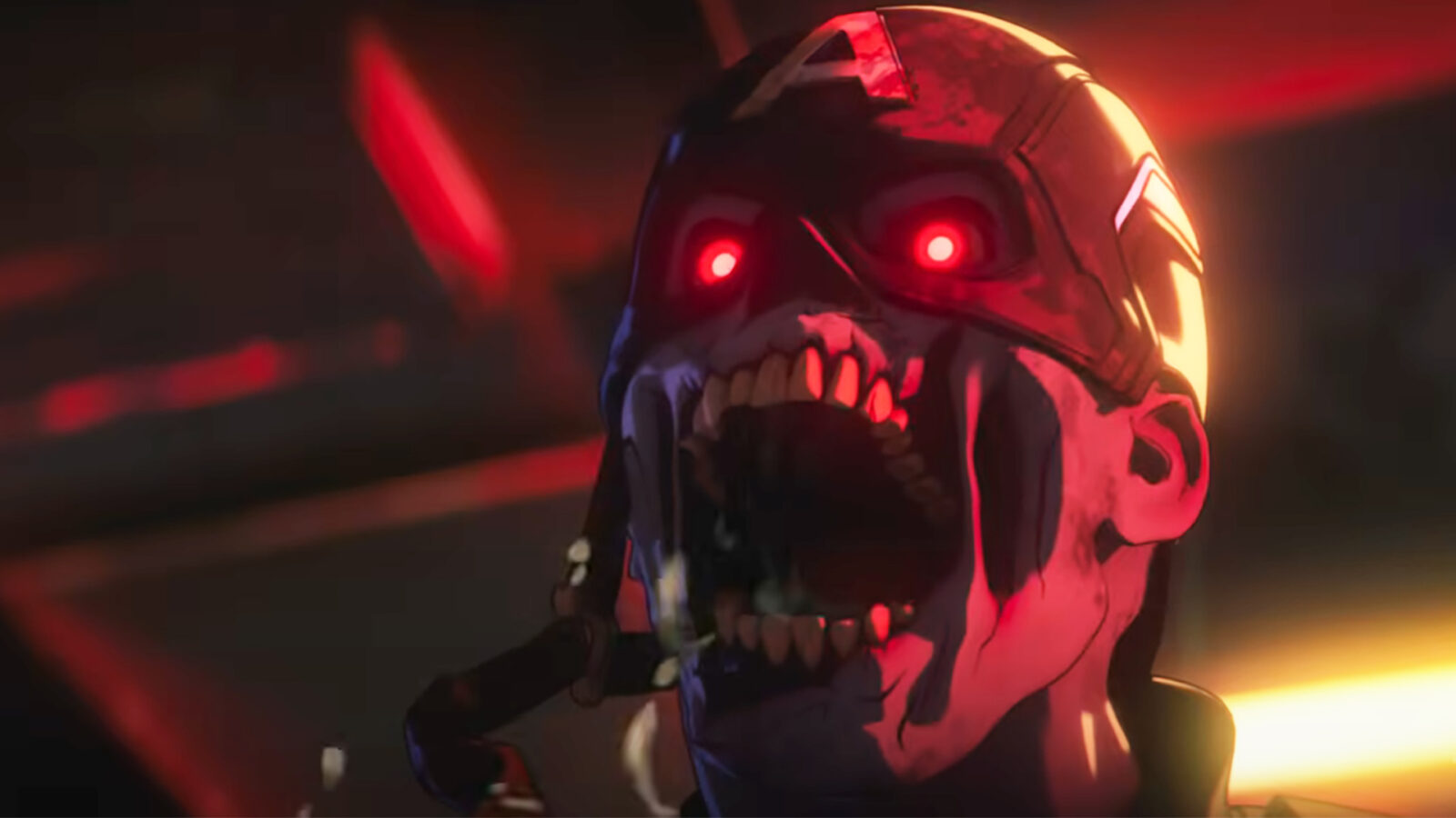 Zombie Captain America's eyes glowing red as he howls with undead hunger