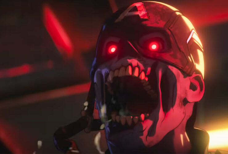 Zombie Captain America's eyes glowing red as he howls with undead hunger
