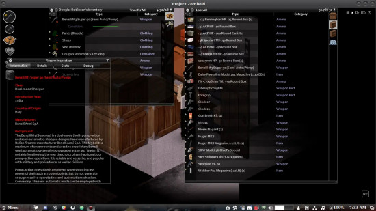 Project Zomboid, showing a selection of in-game weapons in a menu. 