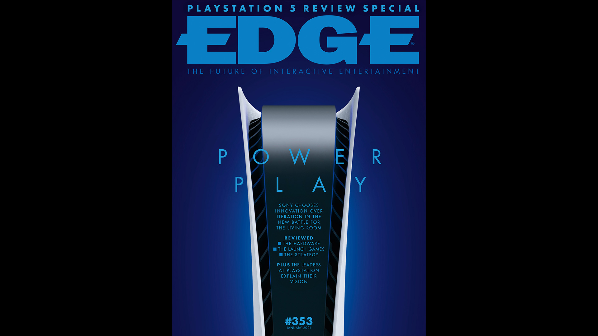 The cover of Edge 353, showing a close up of a PS5 with the text 'Power Play' and a blue background
