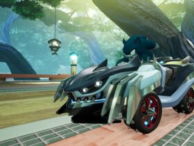 Sonic in werehog form in Sonic Racing: CrossWorlds races through a forest