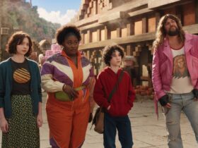 Emma Myers, Danielle Brooks, Sebastian Hansen, and Jason Momoa in A Minecraft Movie