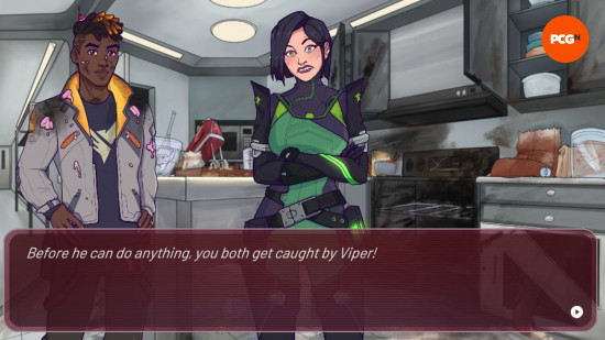 amorant-valorant-dating-sim-demo-out-now Phoenix and Viper from Valorant stand in a kitchen area, Viper with her arms crossed
