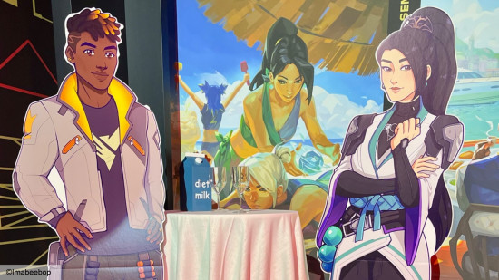 valorant-dating-sim-amorant-demo-interview An image of two cardboard cutouts of Phoenix and Sage from Valorant