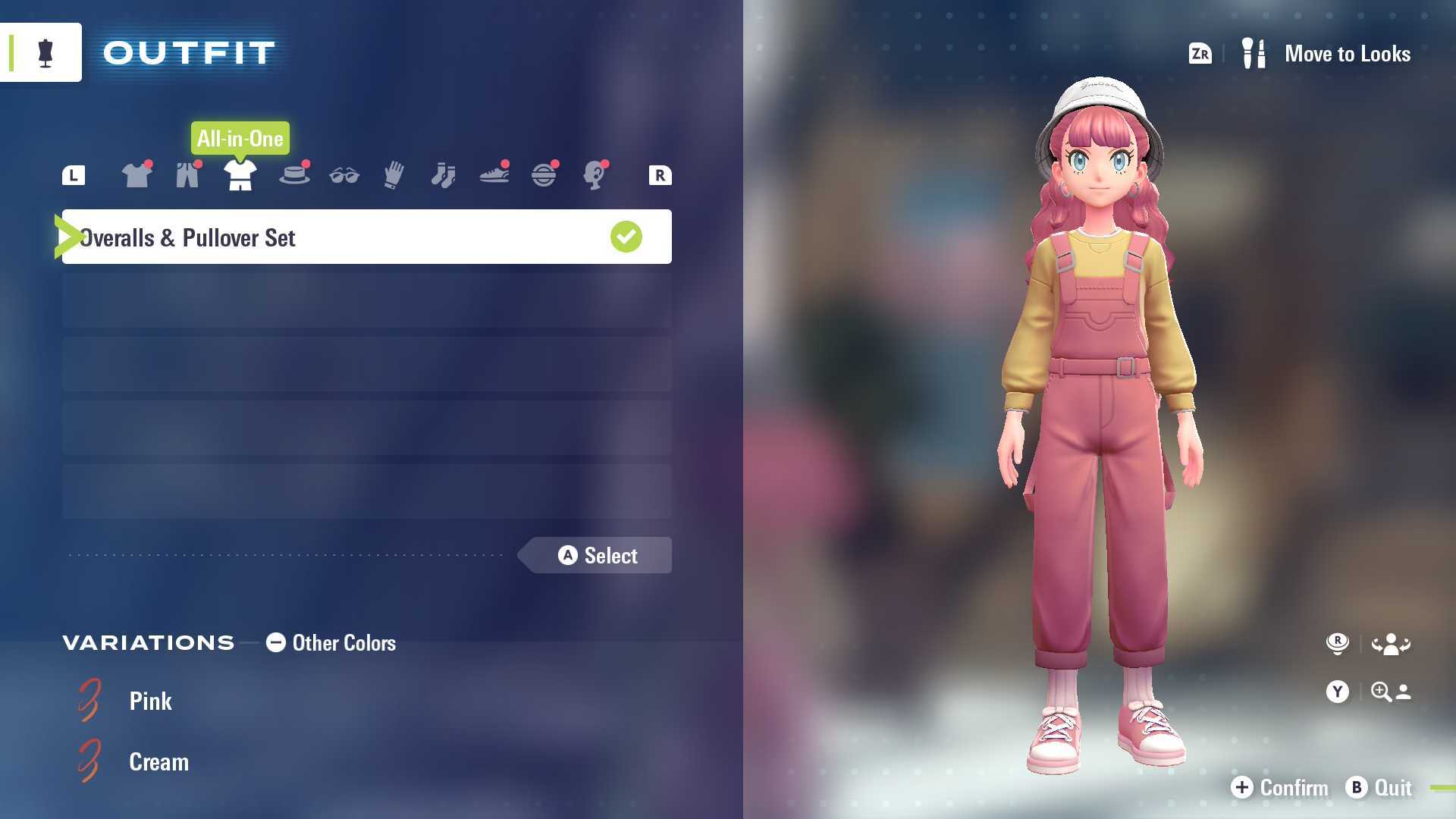 A screenshot of the outfits menu in Pokemon Legends: Z-A.