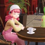 A pink-haired trainer and a Chikorita sit outside a cafe in Pokemon Legends: Z-A.